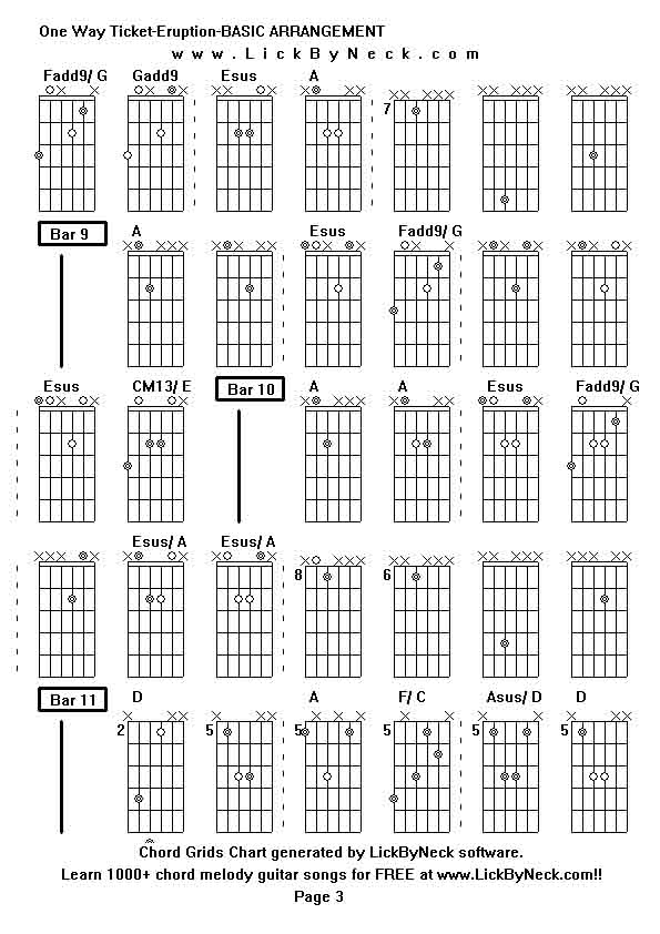 Chord Grids Chart of chord melody fingerstyle guitar song-One Way Ticket-Eruption-BASIC ARRANGEMENT,generated by LickByNeck software.